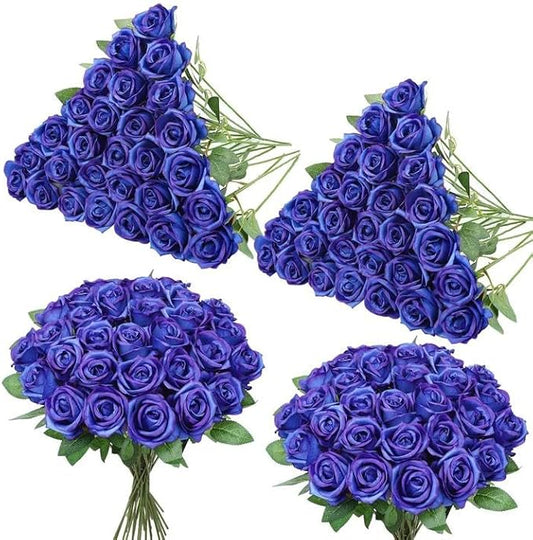 80 Pcs Roses Artificial Flowers,Silk Royal Blue Rose Artificial Flowers,Fake Blue Roses Petals Long Stem Roses for Wedding Bouquet Home Party Decor