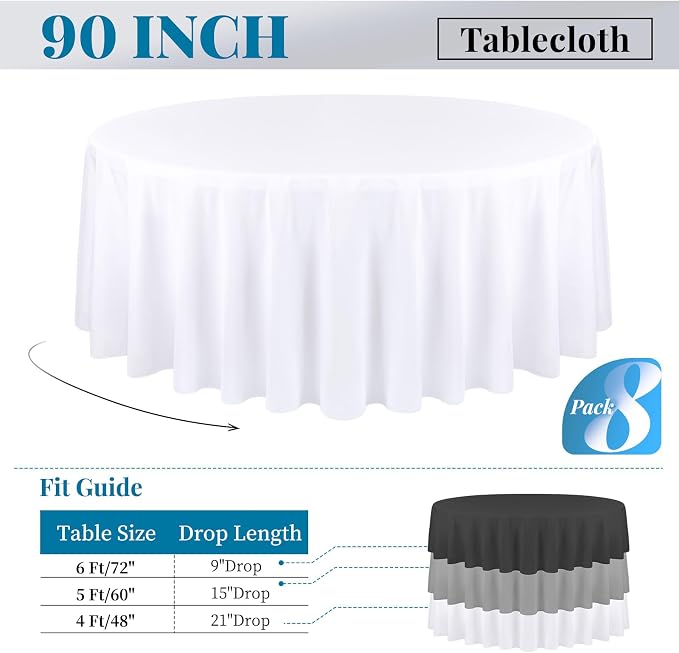 fani 8 Packs White Round Tablecloth - 90 Inch, Premium Polyester Table Cloth for Round Tables, Washable Fabric Table Covers for Wedding, Party, Banquet, Dining Tables and Camping