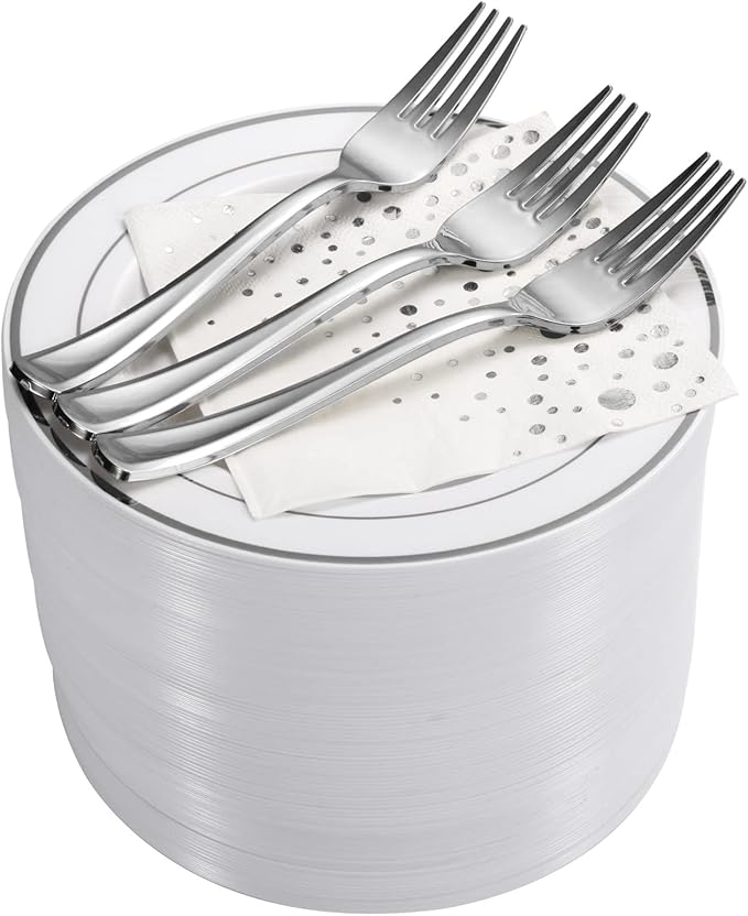 Stylish 7.5 Inch White and Silver Plastic Plates, Disposable Forks and Cocktail Napkins (100 Set), Silver Dessert Plates, Small Appetizer Plates, Disposable Cake Plates for Wedding Reception