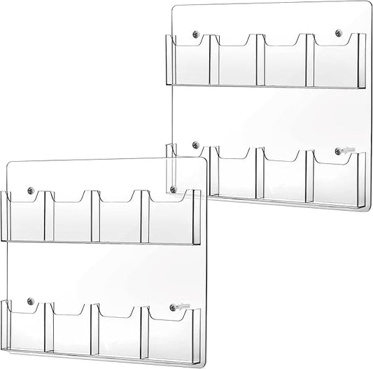 Eersida 2 Pack Acrylic Brochure Pamphlet Holder Wall Mount Clear Brochure Display Holder Plastic Trifold Flyer Rack Literature Storage Rack for Offices Waiting Room (8 Pockets, 15 x 17 Inch)