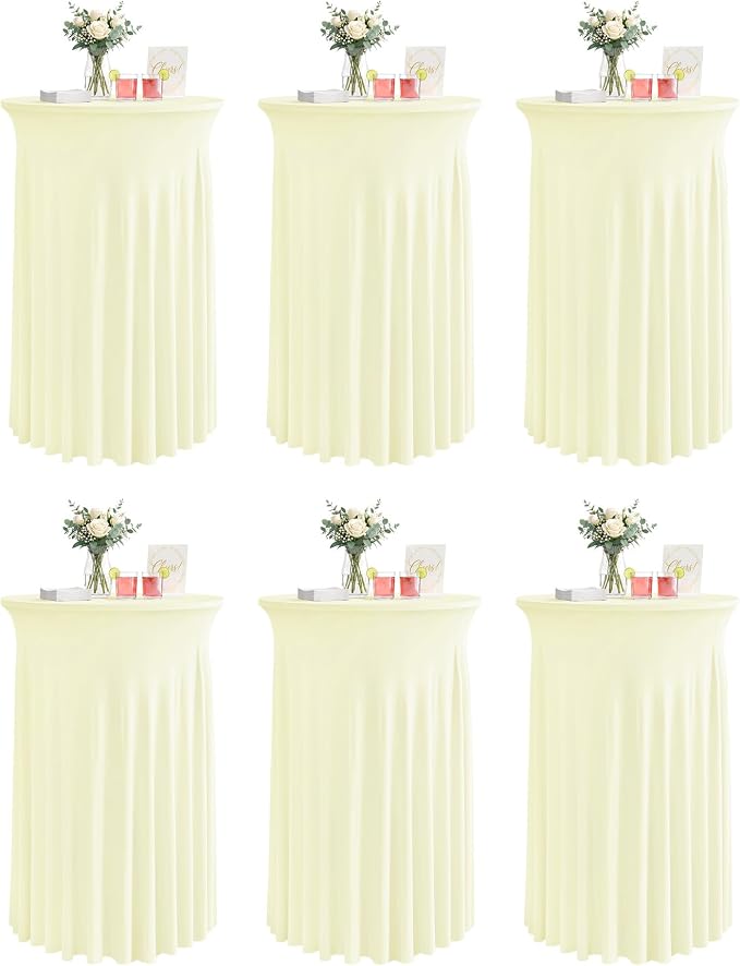 KeyWave Cocktail Table Tablecloth with Skirts - 32x43 Inch Wavy Spandex High Top Cocktail Table Covers, Ruffle Drape Highboy Tablecloth Reusable for Party Wedding Cake Standing Table, Ivory, 6 Pack