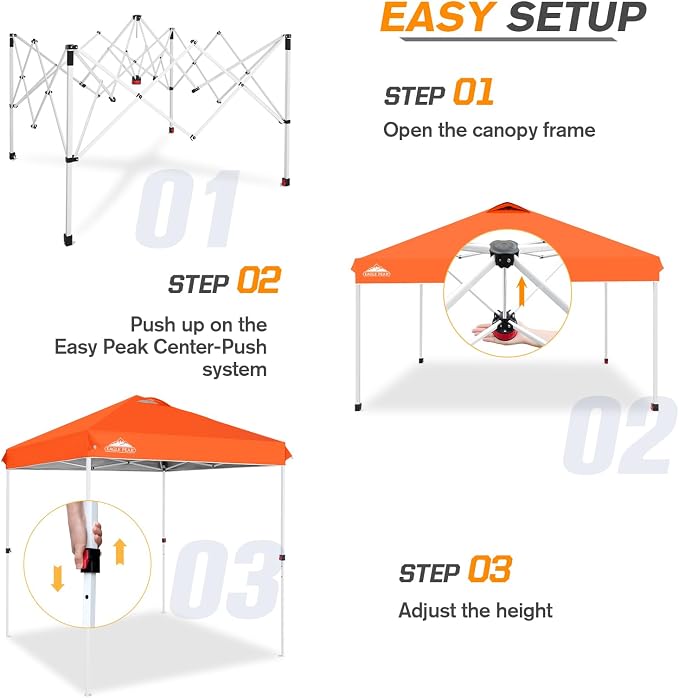 EAGLE PEAK Pop Up Canopy Tent with Wheeled Carry Bag, 8 Stakes, 4 Ropes, Easy Set Up Tent Canopy, 6.6x6.6 ft, Orange