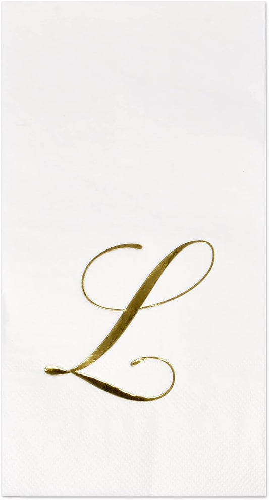 Gift Boutique 100 Gold Monogram Guest Napkins Letter L Disposable Paper Pack Elegant Metallic Golden Foil Dinner Hand Napkin for Bathroom Powder Room Wedding Holiday Baby Shower Decorative Towels