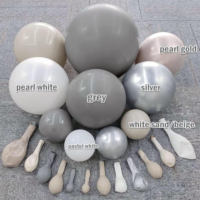 Grey White Sand Balloon Garland - Double Stuffed Beige Pearl White Neutral Balloon Arch Kit with Silver Color for Bridal Wedding Baby Shower Birthday Party Decoration