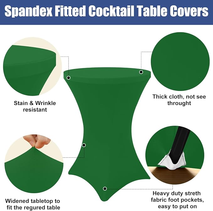 Moosfor Spandex Cocktail Table Covers 4 Pack, Elastic Fitted Stretch Table Cloth, Round High Top Tablecloths for Bar, Party, Pub, Wedding & Banquet (Emerald Green, 32x43 Inch)