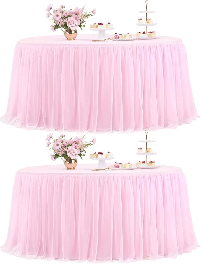 HB HBB MAGIC Light Pink Round Tablecloth 60 inch Stretchy Elastic Fitted Round Table Cloth Cover, Pink Table Cloths for Parties Tulle Table Cloth with Skirt Wedding Bridal Shower Tables Decoration