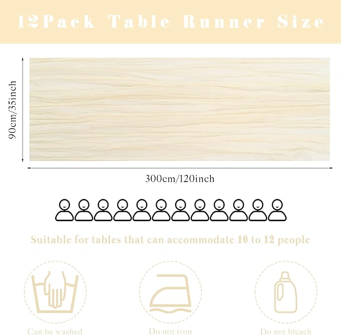 12 Pcs Beige Cheesecloth Table Runner 10FT Runner for Tables Boho Gauze Fabric Table Runner Decoration Rustic Sheer Runner for Wedding Bridal Shower Birthday Party Table Decor (35 x 120 Inches Long)