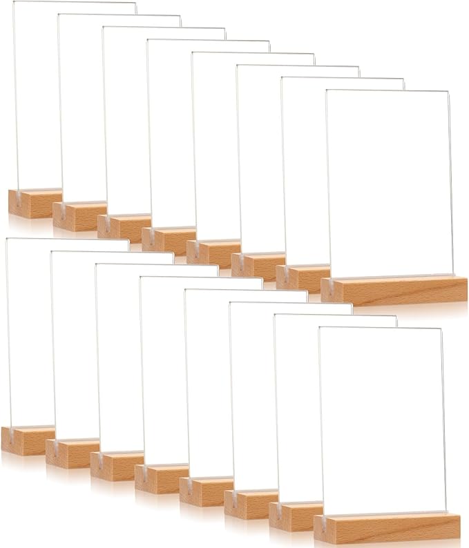 Vinsot 24 Pack 4 x 6 Inches Clear Acrylic Sign with Wood Base T Shape Sign Holder Vertical Blank Stands Desktop Display Plastic Menu Frame Double Sided Flyer Stand for Wedding Restaurant Party Decor
