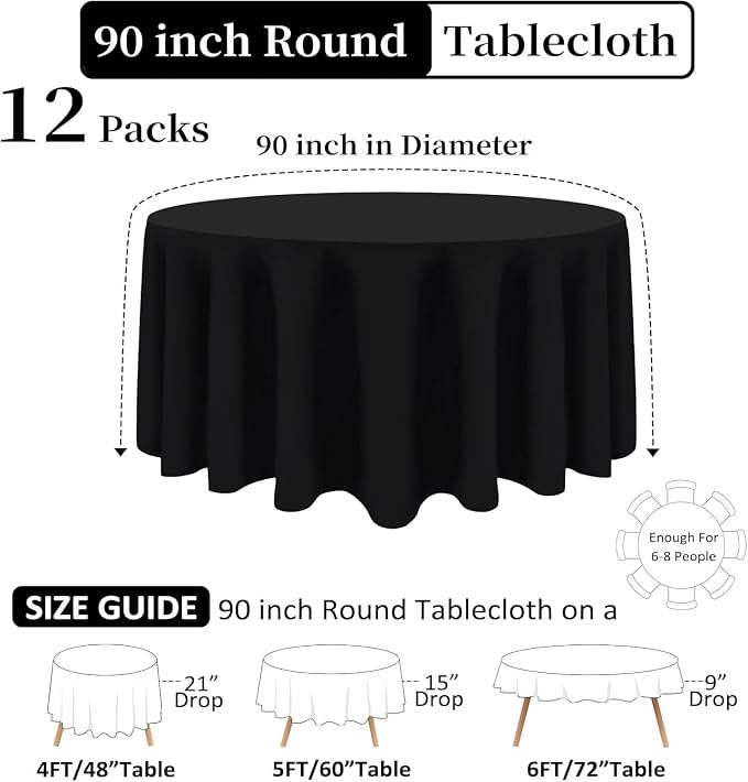 12pcs 90inch Black Round Tablecloth, Polyester Table Cloth, Washable Reusable, Soft & Easy to Iron, Wrinkle Resistant for Wedding, Party, Dining