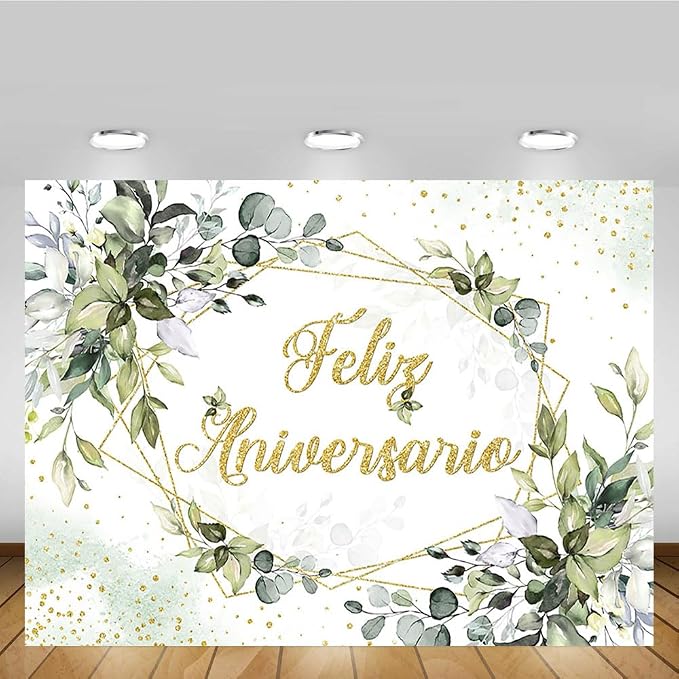 MEHOFOND 7x5ft Feliz Aniversario Backdrop Palm Leaves Happy Anniversary Wedding Valentines Mr and Mrs Background Engagement Party Banner Decorations for Photobooth Props