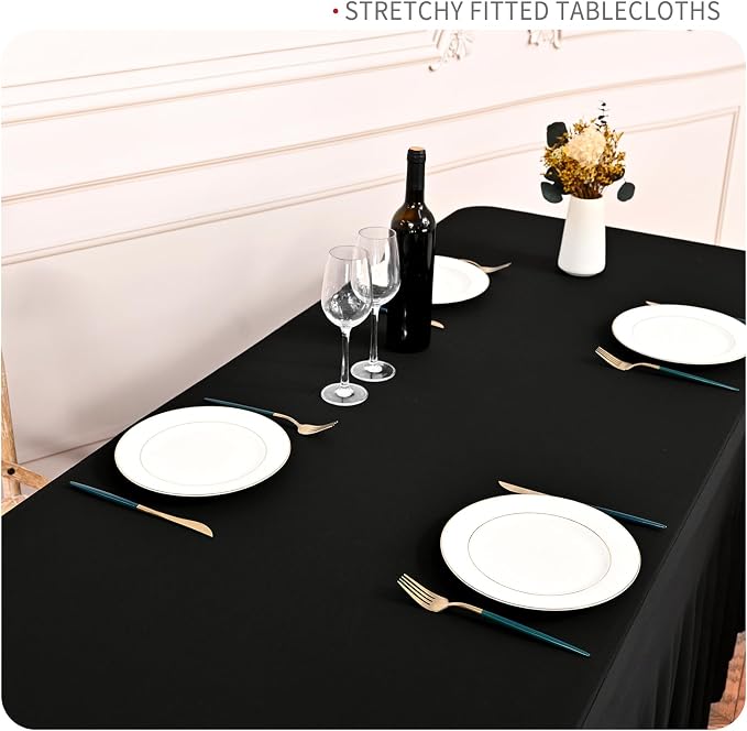 2 Packs Black Stretch Table Skirts for 8 Foot Rectangle Table, Washable Spandex Stretch Tablecloths with Skirt, Wrinkle Resistant Fitted Tablecover for Wedding Party Banquet