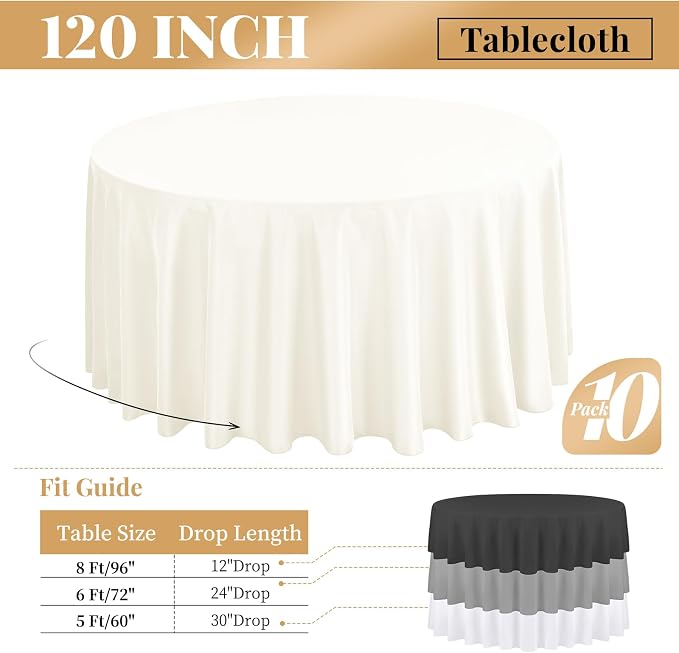 fani 10 Pack 120 Inch Round Tablecloth, Ivory Polyester Fabric Table Cloth for Round Table, Stain and Wrinkle Washable Table Cover for Wedding Party Dining Table Buffet Banquet Restaurant and Camping