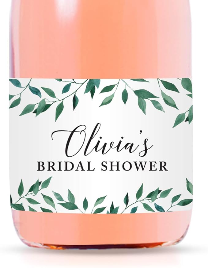 Andaz Press Personalized Bridal Shower Mini Wine Labels for Bottles, Greenery Green Leaves 20-Pack Custom Mini Champagne Bottles Bulk Waterproof Bridal Shower Wine Bottle Labels