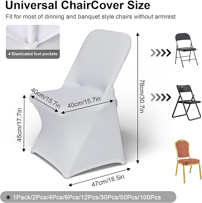 Trlyc Spandex Folding Chair Covers 30 Pcs Universal Fitted Stretchy Dining Chair Slipcovers for Wedding Party Banquet Flat-Front Chair Cover (White)