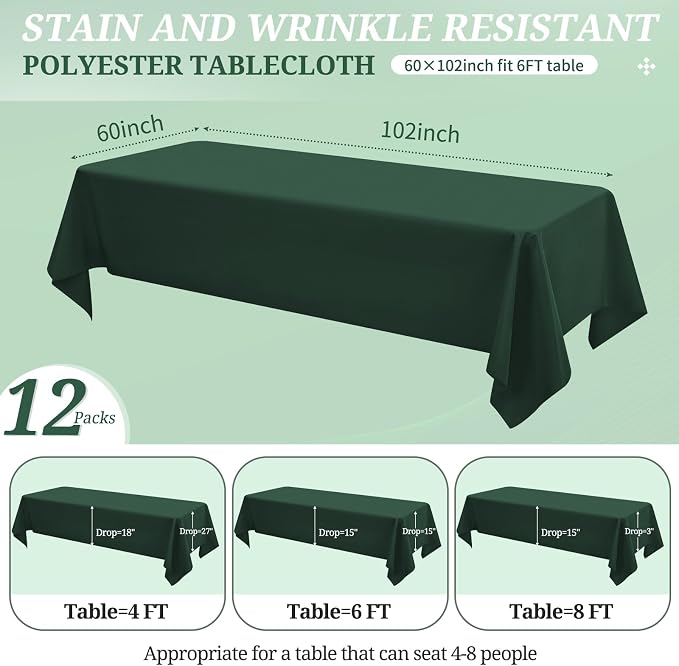 12 Pack Hunter Green Tablecloths for Rectangle Tables 60 x 102 Inch Polyester Tablecloth 6 Foot Rectangle Table Cloth Wrinkle Resistant Washable Fabric Table Cover for Party Wedding Banquet Events