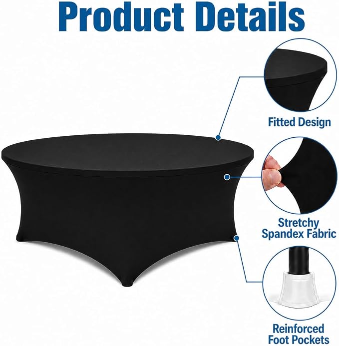 Round Table Covers - 6 Pack 72x30 Inch Table Cloth - Black Fitted Stretch Spandex Round Tablecloth for Party, Exhibition, Wedding, Event, Banquet