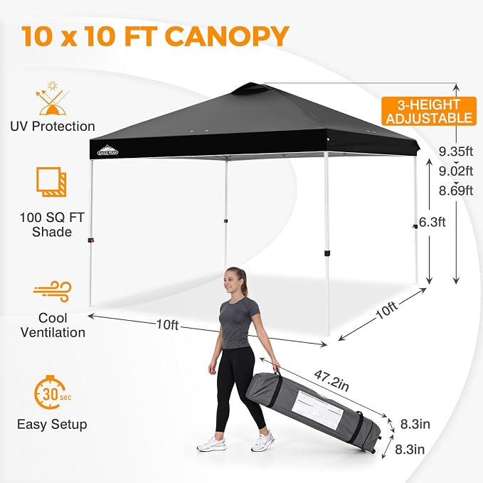 EAGLE PEAK Pop Up Canopy Tent with Wheeled Carry Bag, 8 Stakes, 4 Ropes, 4 Weight Bags, Easy Set Up Tent Canopy, 10x10 ft, 100sqft of Shade, Black