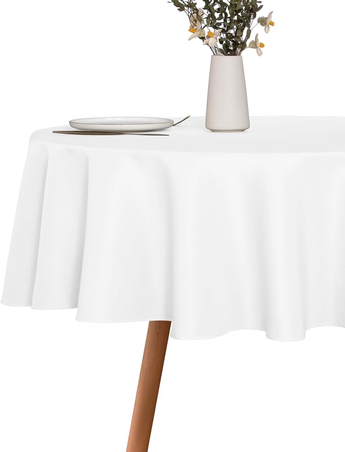 sancua Round Tablecloth - 70 Inch - Water Resistant Spill Proof Washable Polyester Table Cloth Decorative Fabric Table Cover for Dining, Buffet Parties and Camping, White(Fits 24-58 Inch Tables)