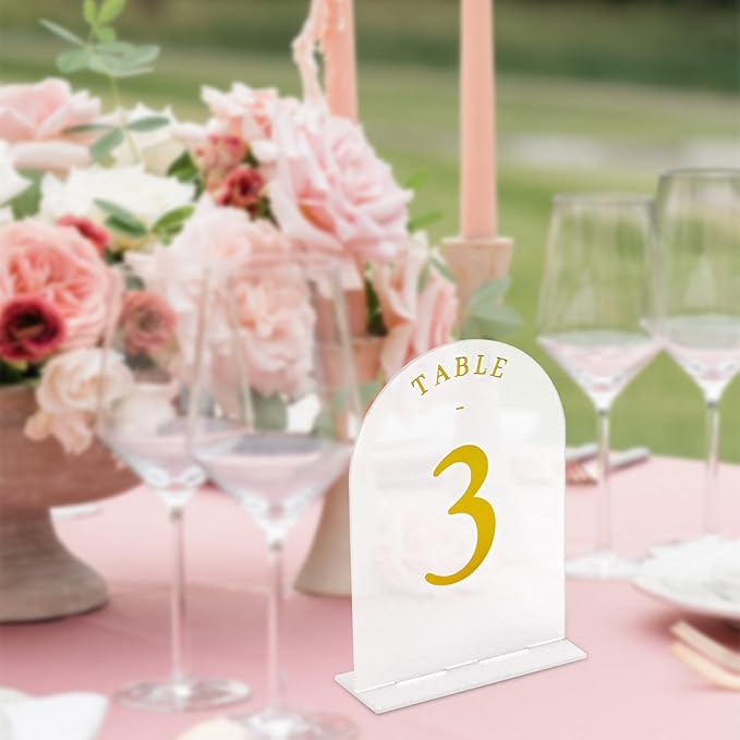 Teruntrue Frosted Arch Wedding Table Numbers 1-20 with Stands, Gold Foil Printed 5x7 Acrylic Table Signs for Reception, Anniversary, Event - Elegant Centerpiece Displays