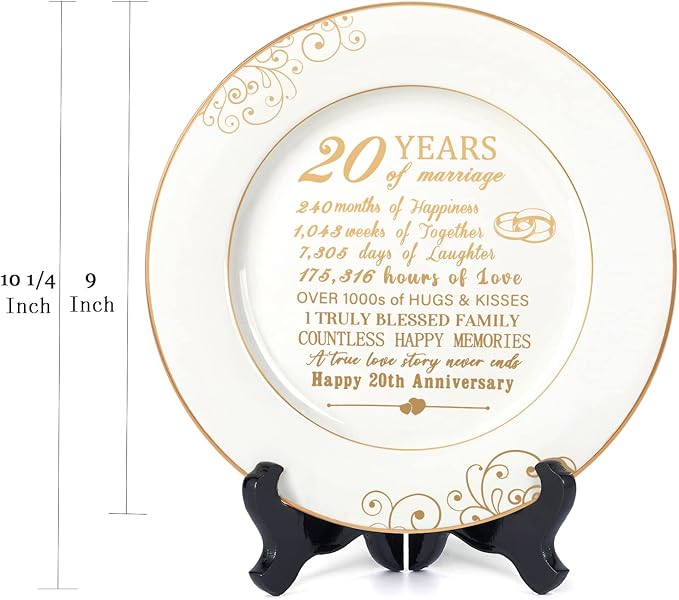Urllinz 20 Year Anniversary Plate with 24k Gold Foil Decorations - 20th Anniversary Wedding Gifts for Wife Couple Him Her Husband, Ceramic 9"