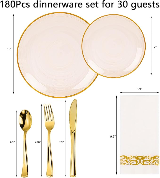 N9R 180PCS Orange Plastic Plates with Gold Trim, Disposable Party Dinnerware Set for 30 Guests, Include 30 Dinner and Salad Plates, Napkins, Forks, Spoons, Knives, Perfect for Wedding, Dinner Party