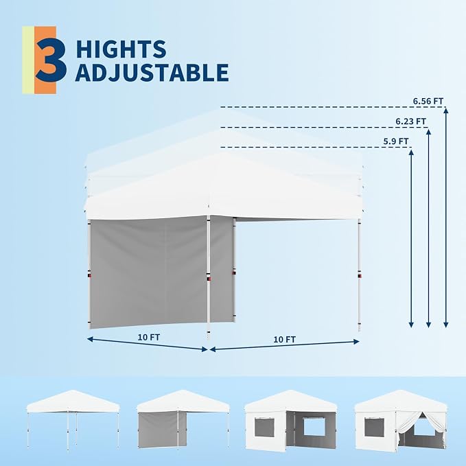GarveeLife 10x10 Pop Up Canopy with One Sidewalls Easy Up Camping Tent with One Button Push Setup 1 Roller Bag 3 Adjustable Height 4 Weight Bags (White, 10x10 + 1 Sidewall)
