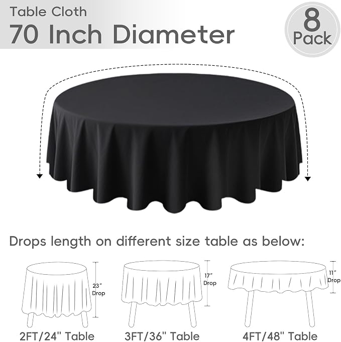 8 Pack Black Round Tablecloth 70 Inch Table Cloth for Round Tables, Washable Polyester Tablecloth Stain and Wrinkle Resistant Decorative Table Cover for Wedding Party Dining Banquet