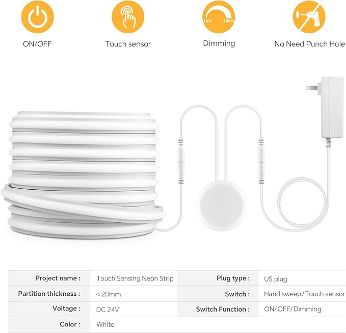 16.4FT Neon COB LED Strip Lights 24V 1400 LEDs Penetrable Wood Touch Sensor LED Rope Lights Waterproof White Dimmable Silicone Neon Light Strip for Indoors Bar Bedroom Cabinet Decor