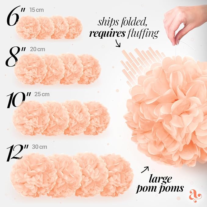 Peach Tissue Paper Pom Poms - Coral Peach Party Decorations for Birthdays, Weddings, Baby Showers and Special Occasions by Avoseta (16 Piece Set, Assorted Sizes)