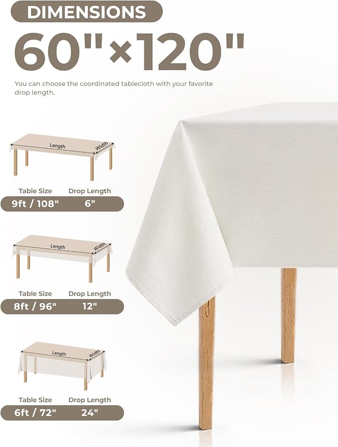 Decorelia Faux Linen Farmhouse Table Cloth 60"x120" for Rectangle Table, Ivory Waterproof Outdoor Washable Cloth Tablecloth for Rectangular Dining Room Kitchen Outdoor Party Restaurant Decor