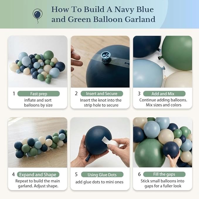 Double Stuffed Navy Blue & Sage Green Balloon Garland Arch Kit, Multi-size Matte Dusty Blue Sand Latex Balloons for Baby Shower,Gentleman Theme Party,Birthday,Bridal Wedding,Graduation