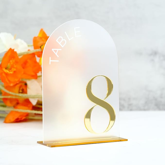Frosted Arch Wedding Table Numbers 1-20 with Stand, 20 Pack 5x7 Inch Frosted Acrylic Signs with Gold Number, Arched Acrylic Table Numbers for Wedding Reception