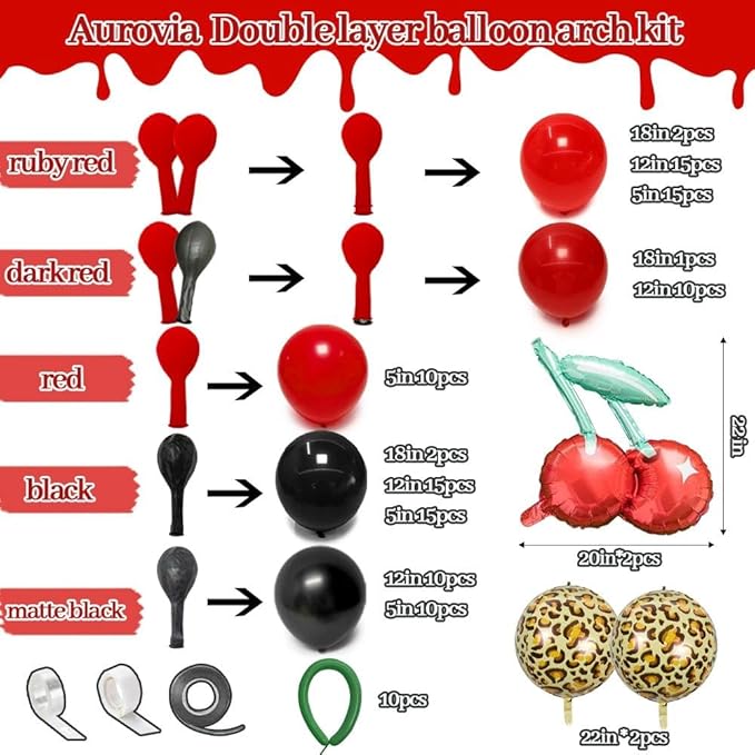 Red Black Balloon Arch Kit Double Stuffed Burgundy Black Maroon Balloon Garland Cherry Cheetah Print Balloons for Birthday Bridal Baby Shower Mother's Day Bachelorette Graduation Party Decorations