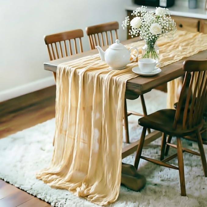 LINXTAR Beige Cheesecloth Table Runner 120 Inches 10Ft Gauze Summer Boho Table Runner for Wedding Tea Party Baby Shower Bridal Birthday Home Decoration
