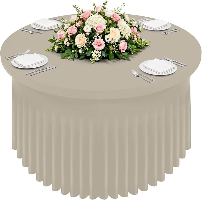 Smiry Round Spandex Tablecloth, Elastic Fitted Washable Tablecloths for 60 Round Tables, Waterpoof Stretch Table Cover Skirt for Outdoor, Wedding, Banquet & Parties, Taupe