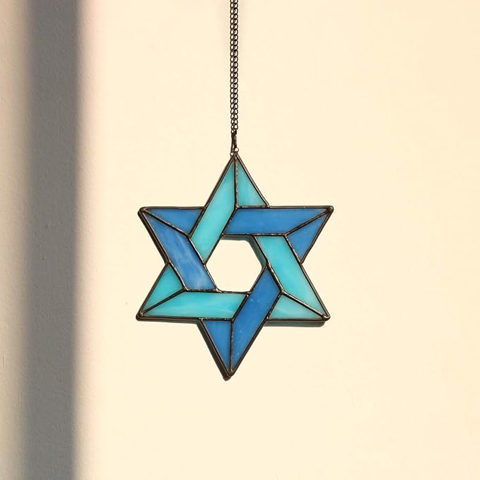 Jewish Star Stained Glass Window Hanging,Star of David Suncatcher for Home Office,Family Guardian Birthday Gifts for Women, Housewarming Gifts