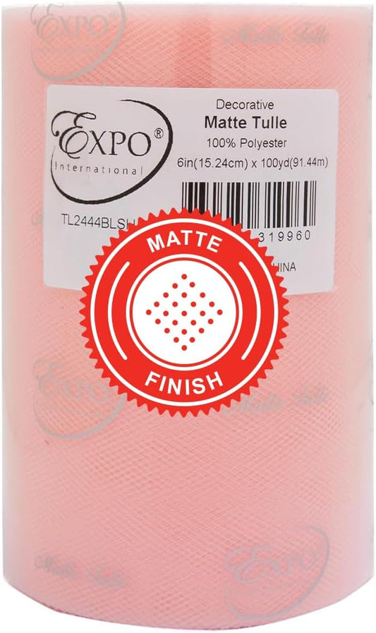 Expo International Decorative Matte Tulle, Roll/Spool of 6” X 100 Yards, Lightweight Polyester Tulle Fabric for Tutus, Costumes, and Party Decorations, Washable, Easy-to-Use, Blush Pink