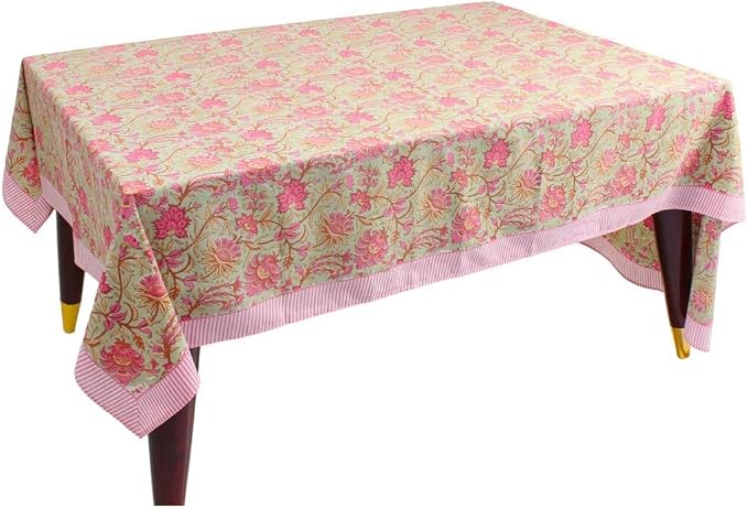 Ridhi Pistachio Green Hand Block Print Cotton Rectangle Tablecloth 160" x 72" inches Reusable Table Cover Decorative Everyday Use for Dining Room, Farmhouse, Home Gift for Spring, Mother's Day