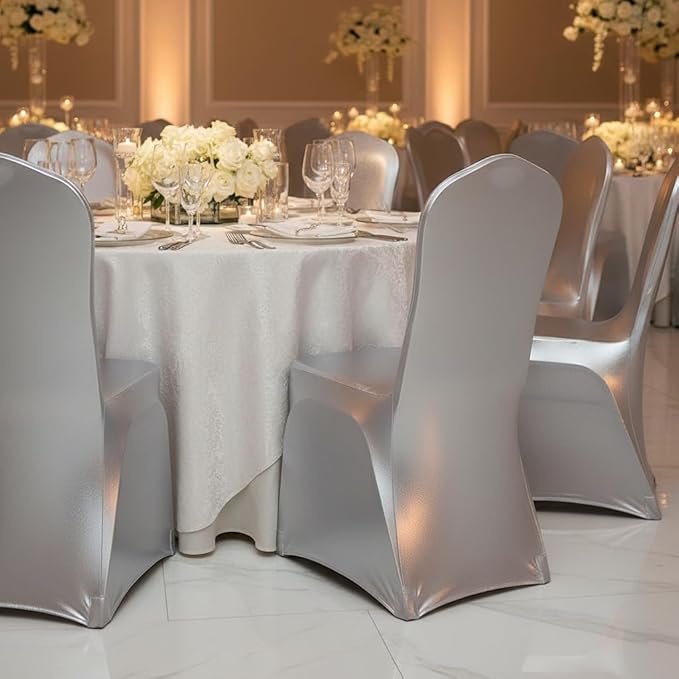 6 Pieces Stretch Polyester Spandex Dining Chair Covers Chair Protectors for Wedding Banquet Party (6, Metallic Silver)