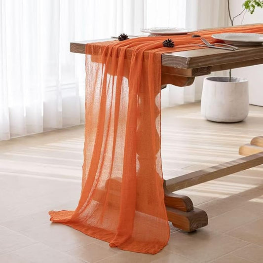 Keketoarrange 3pcs Orange Gauze Rustic Cheesecloth Table Runner 120 Inch 10 FT for Wedding Baby Shower Bridal Shower Birthday Engagement Garden Outdoor Party Long Sheer Boho Decorations
