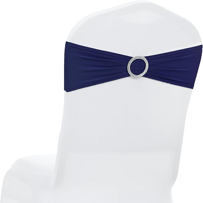 MDS Pack of 50 Spandex Chair Sashes Bow Premium Stretch Chair Cover Band with Buckle Slider Universal fits Elastic Dining Chair Ties for Wedding Party Banquet Events Decoration - Navy Blue