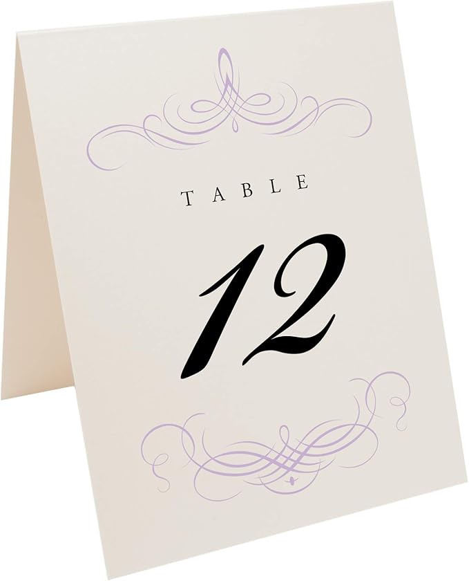 Decadent Flourish Wedding Table Numbers (Select Color/Quantity), Champagne, Lavender, 1-110, Double Sided, Tent or Use in a Stand, Great for Parties & Restaurants