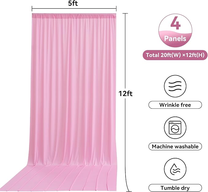 20ft x 12ft Wrinkle Free Pink Backdrop Curtain for Parties, Silky Polyester 4 Panels 12ft Long Photo Backdrop Drapes Back Drop Cloth for Wedding Birthday Party Baby Shower Photography Background