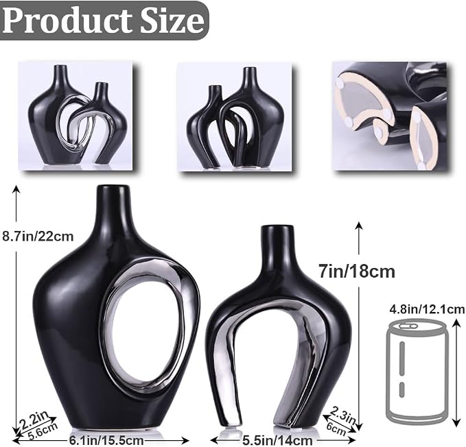 Black and Silver Hollow Ceramic Vase Set of 2, Modern Nordic Boho ins Style Aesthetic Decorative Flower Vase for Home Decor, Wedding, Living, Bedroom, Dining Table, Shelf, Mantle, Office Decor