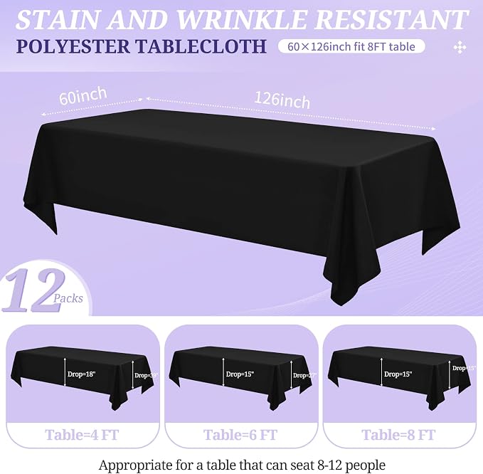 12 Pack Tablecloth 60 x 126 Inch - Black Polyester Table Cloth for 8 Foot Rectangle Tables, Premium Stain and Wrinkle Resistant Washable Fabric Table Cover for Wedding Party Banquet Restaurant