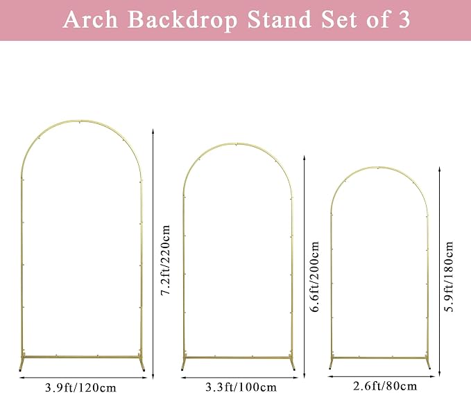 Gawicpy Wedding Arch Backdrop Stand Set Metal Arch Backdrop Stand with Wedding Arch Cover, Wedding Balloon Arch Backdrop Stand for Birthday, Baby Shower, Anniversary (Pink, 5.9FT+6.6FT+7.2FT)