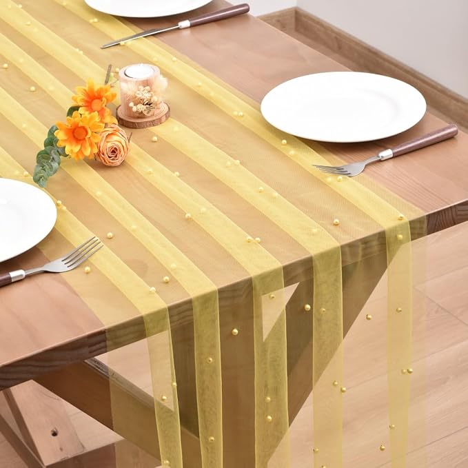 Yellow Pearl Table Runner Boho Rustic Tulle Lace Dining Baby Shower Wedding Arch Decor Veil Dessert Holiday Centerpiece Table Decor