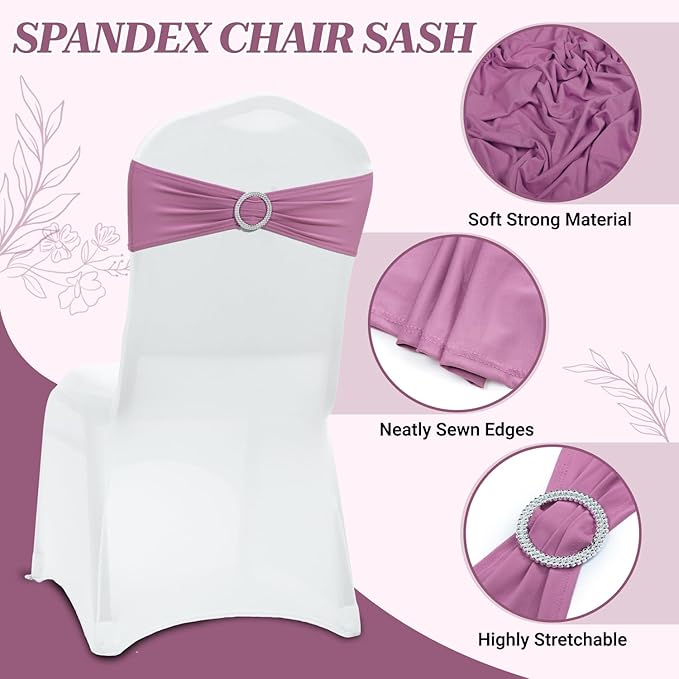 VDS - Dusty Pink | Spandex Chair Sashes Bows | 200 PCS | Stretch Elastic Banquet Universal Folding Chair Band Tie with Silver Buckle Slider for Wedding Party Conference Celebration Event Decoration