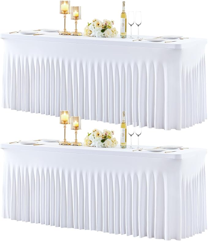 2 Pack 6ft White Spandex Tablecloths for Rectangle Tables Wrinkle Free White Rectangle Table Cloth, Stretch Fitted Table Cover with Skirt for Wedding Birthday Party Banquet Baby Shower Buffet Event