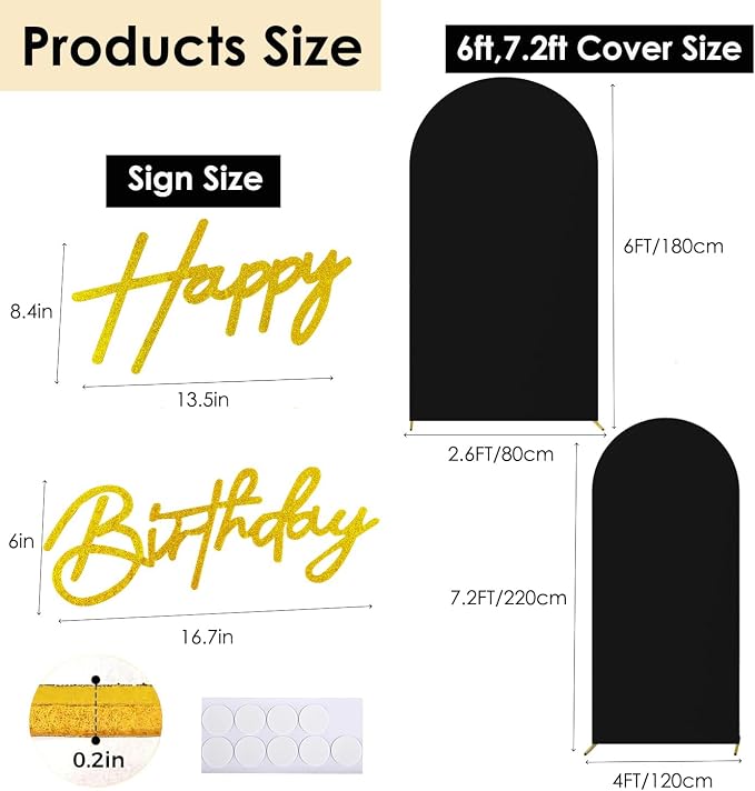 HAINARverS 6FT/7.2FT Black Arch Backdrop Cover Spandex with Glitter Gold Happy Birthday Sign for Wedding Birthday Party Ceremony Banquet Decoration(Black)